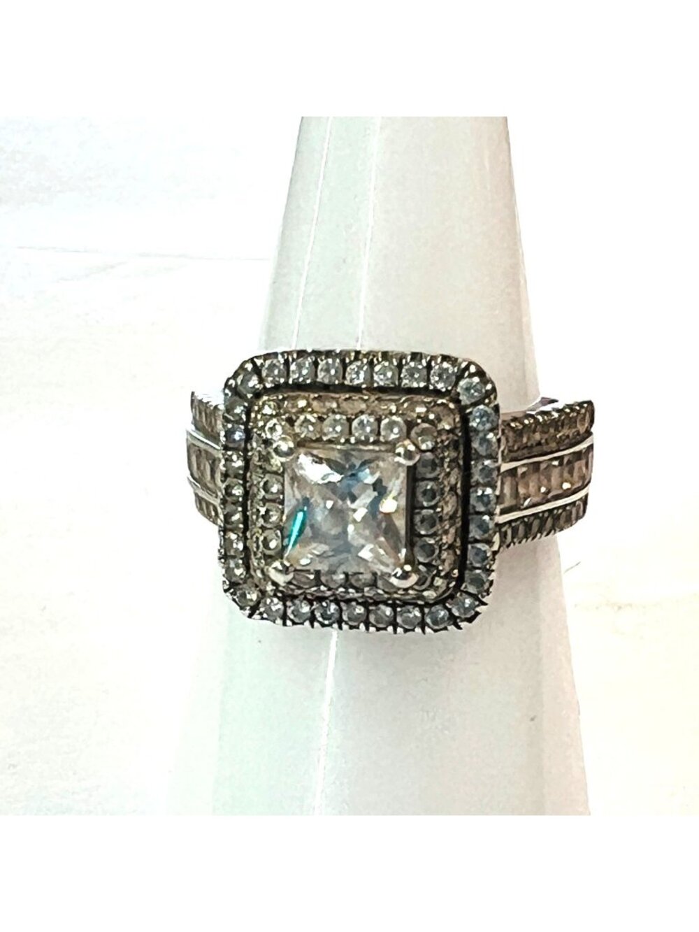 Double halo clear princess cut stone with .925 sterling silver, size 5.5